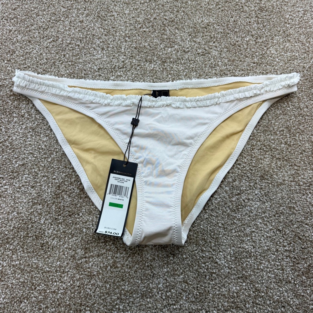 BCBGMAXAZRIA Swim White Ruffle Knit Bikini Bottom Size L NEW Swimwear Beach Pool